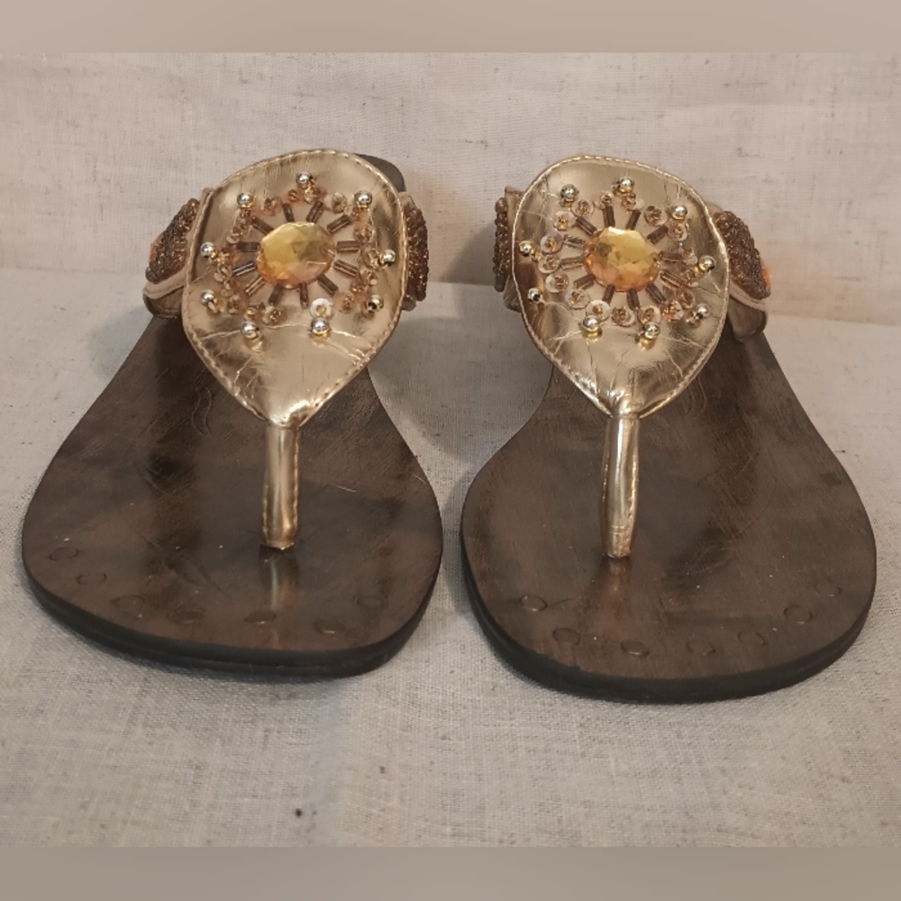 Gold Jeweled Kitton Heeled, Toe Post Sandal